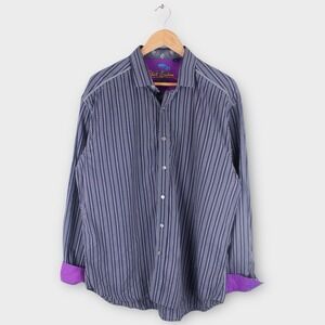 Robert Graham Button Up Shirt Striped Blue Purple Flip Cuff Men's Size 2XL